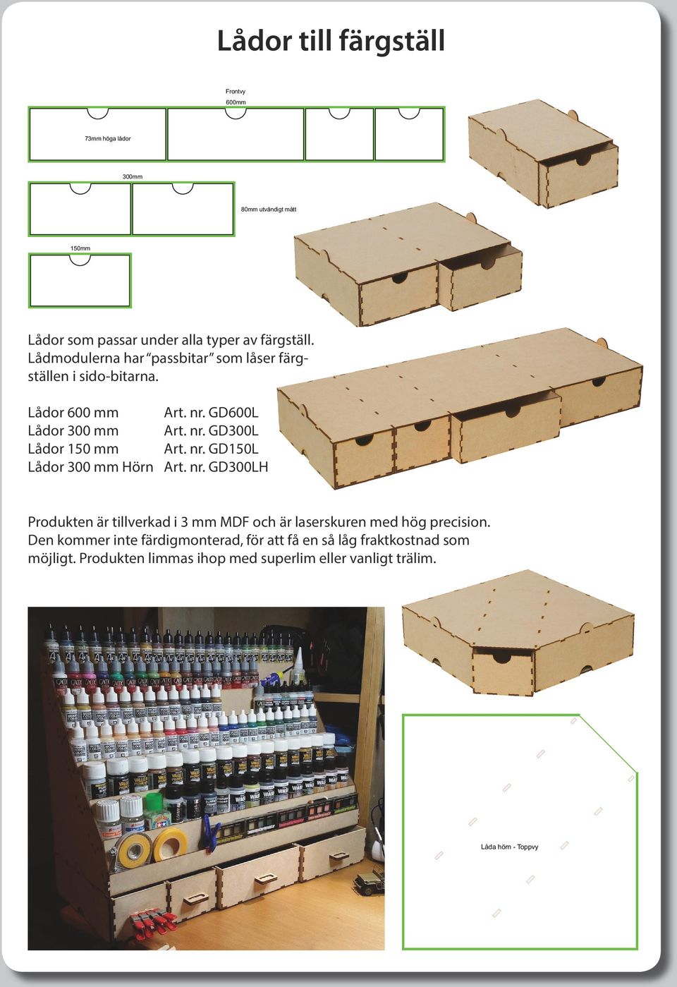 nr. GD150L Lådor 300 mm Hörn Art. nr. GD300LH laserskuren med hög precision.