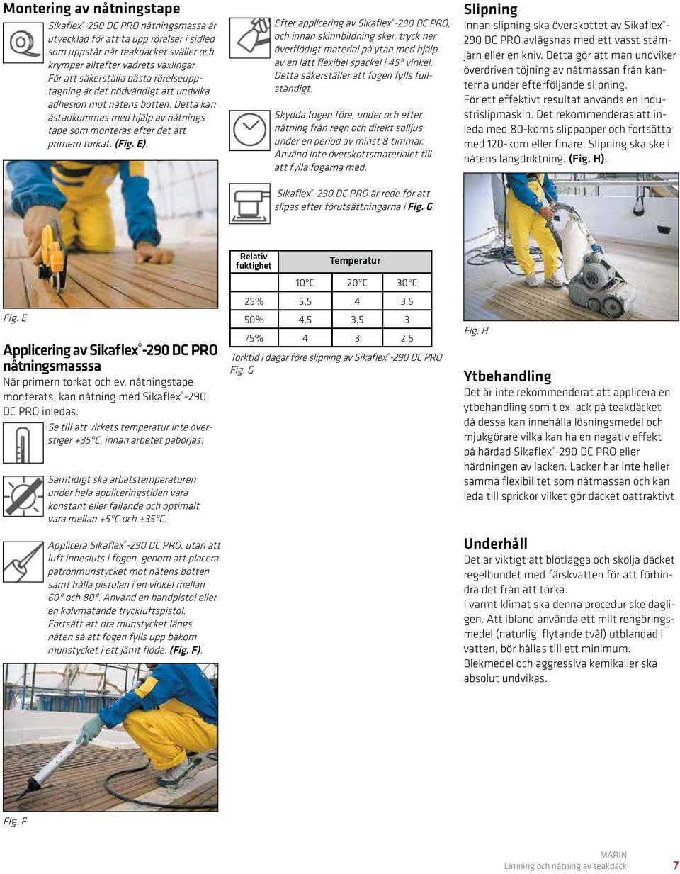 E). Efter applicering av Sikaflex -290 DC PRO, och innan skinnbildning sker, tryck ner överflödigt material på ytan med hjälp av en lätt flexibel spackel i 45º vinkel.