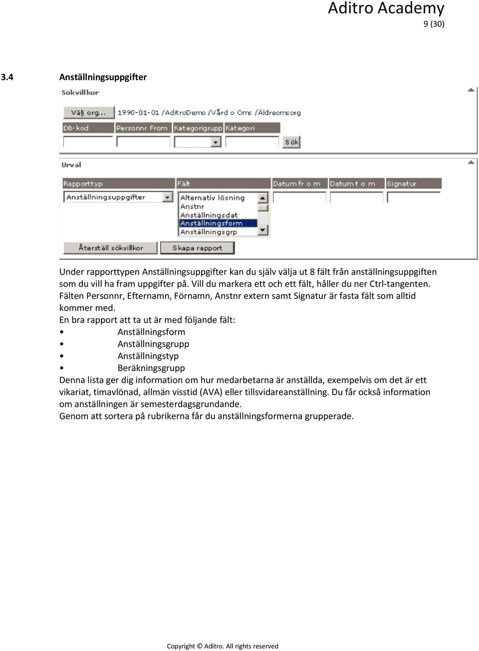 En bra rapport att ta ut är med följande fält: Anställningsform Anställningsgrupp Anställningstyp Beräkningsgrupp Denna lista ger dig information om hur medarbetarna är anställda,