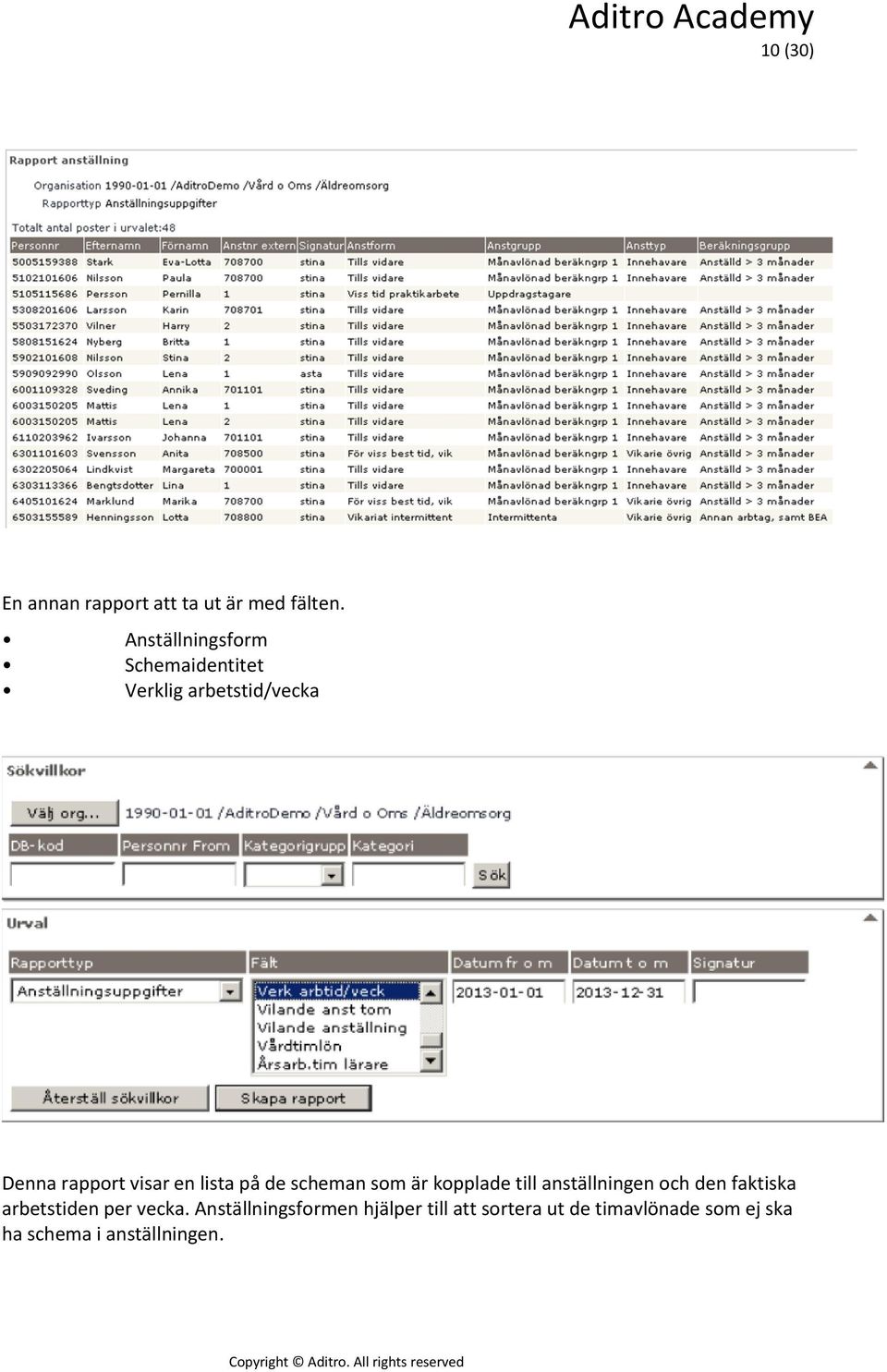 lista på de scheman som är kopplade till anställningen och den faktiska