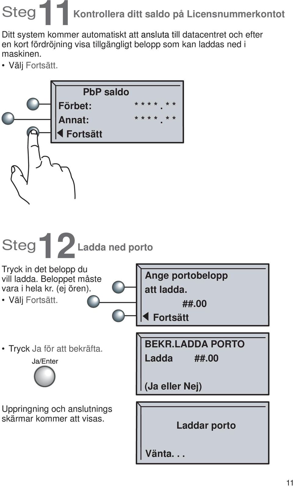 * * Fortsätt Steg 12 Ladda ned porto Tryck in det belopp du vill ladda. Beloppet måste vara i hela kr. (ej ören). Välj Fortsätt.