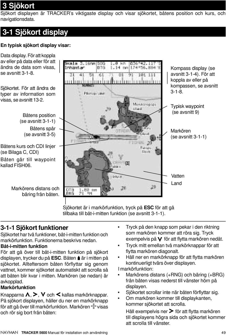 Båtens position (se avsnitt 3-1-1) Båtens spår (se avsnitt 3-5) Båtens kurs och CDI linjer (se Bilaga C, CDI) Båten går till waypoint kallad FISH06. Markörens distans och bäring från båten.