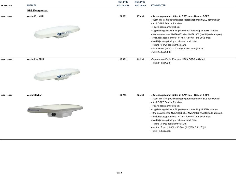 20Hz standard - Kan anslutas med NMEA0183 eller NMEA2000 (medföljande adapter). - Pitch/Roll noggrannhet: 1.0 rms, Rate Of Turn: 90 /S max - Medföljande spännings- och datakabel, 15m.