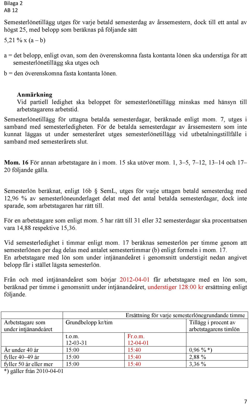 Vid partiell ledighet ska beloppet för semesterlönetillägg minskas med hänsyn till arbetstagarens arbetstid. Semesterlönetillägg för uttagna betalda semesterdagar, beräknade enligt mom.