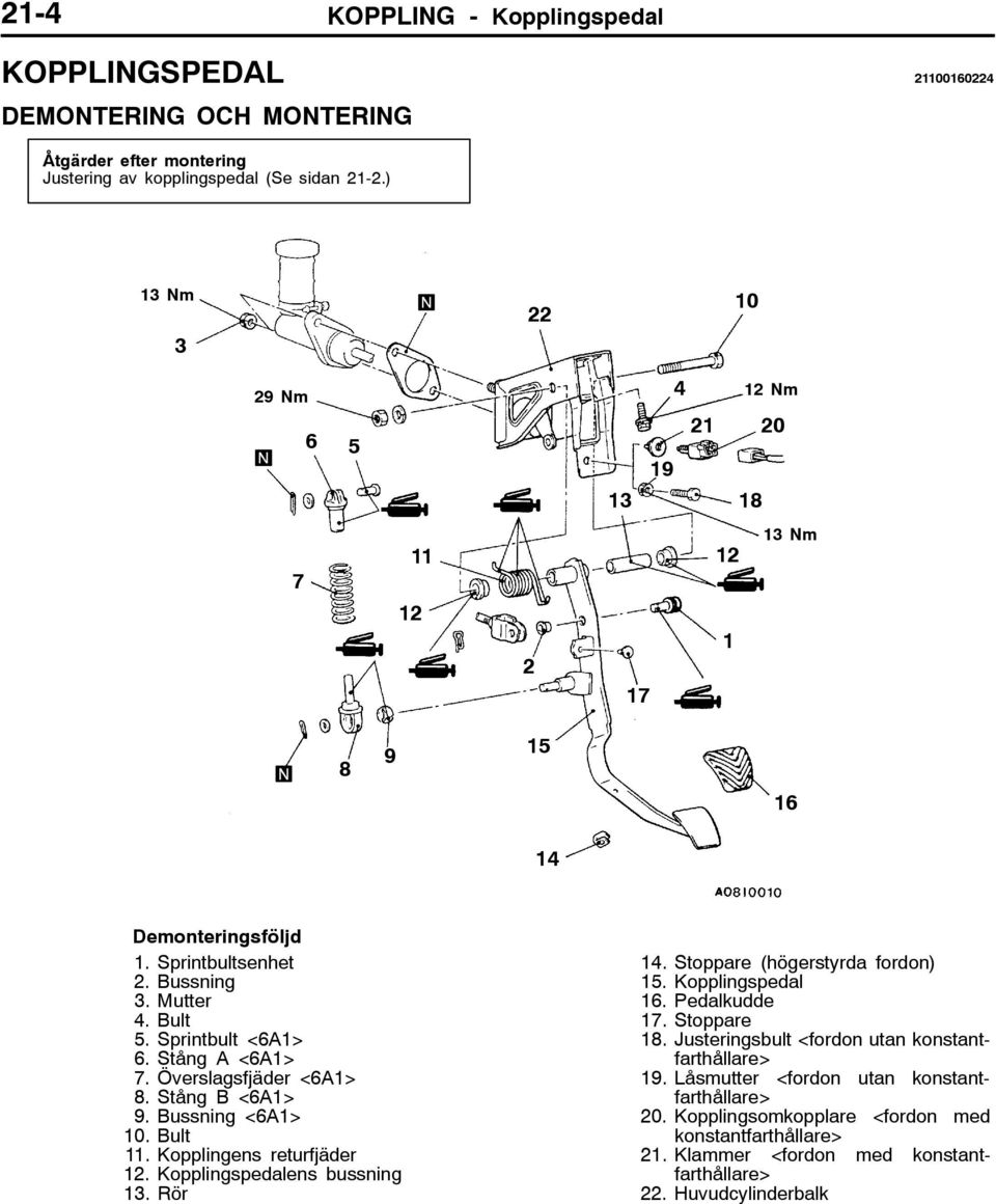 Bussning <6A> 0. Bult. Kopplingens returfjäder. Kopplingspedalens bussning. Rör. Stoppare (högerstyrda fordon) 5. Kopplingspedal 6. Pedalkudde 7. Stoppare. Justeringsbult <fordon utan konstantfarthållare> 9.