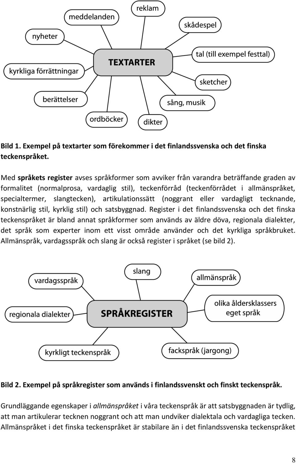 slangtecken), artikulationssätt (noggrant eller vardagligt tecknande, konstnärlig stil, kyrklig stil) och satsbyggnad.