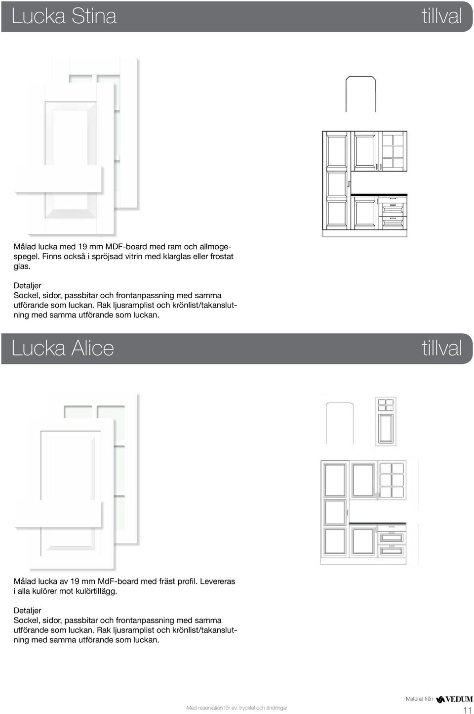 Rak ljusramplist och krönlist/takanslutning med samma utförande som luckan. Lucka Alice tillval Målad lucka av 19 mm Md-board med fräst profil.