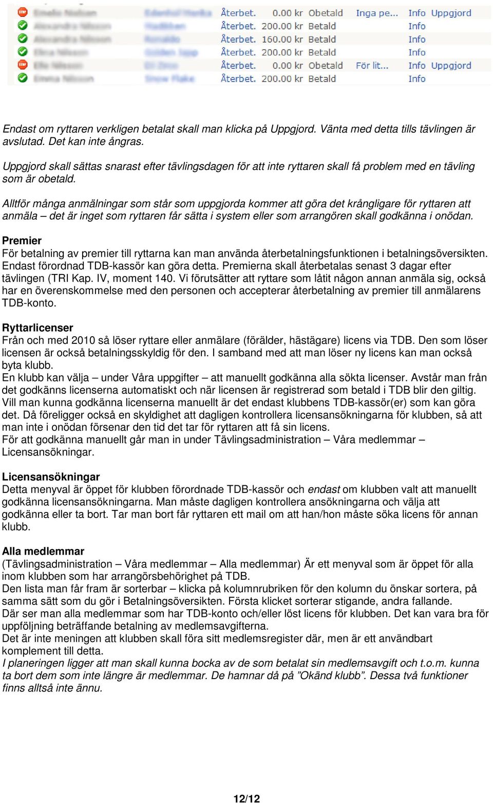 Alltför många anmälningar som står som uppgjorda kommer att göra det krångligare för ryttaren att anmäla det är inget som ryttaren får sätta i system eller som arrangören skall godkänna i onödan.