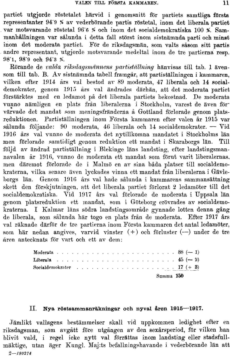 För de riksdagsmän, som valts såsom sitt partis andre representant, utgjorde motsvarande medeltal inom de tre partierna resp. 98'1, 98'9 och 94'3 %.