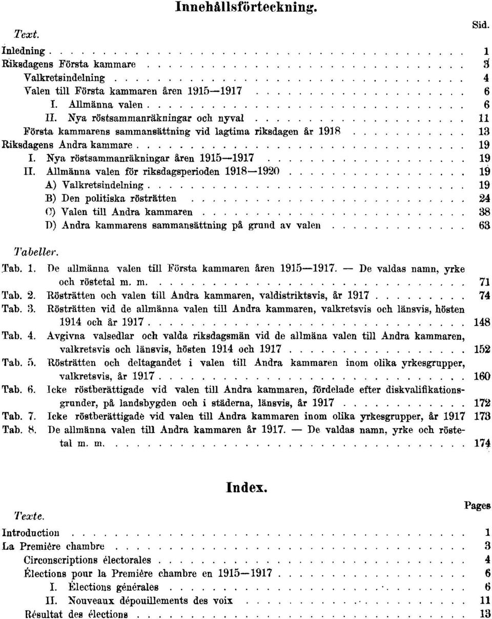 Allmänna valen för riksdagsperioden 1918 1920 19 A) Valkretsindelning 19 B) Den politiska rösträtten 24 C) Valen till Andra kammaren 38 D) Andra kammarens sammansättning på grund av valen 63 Tabeller.