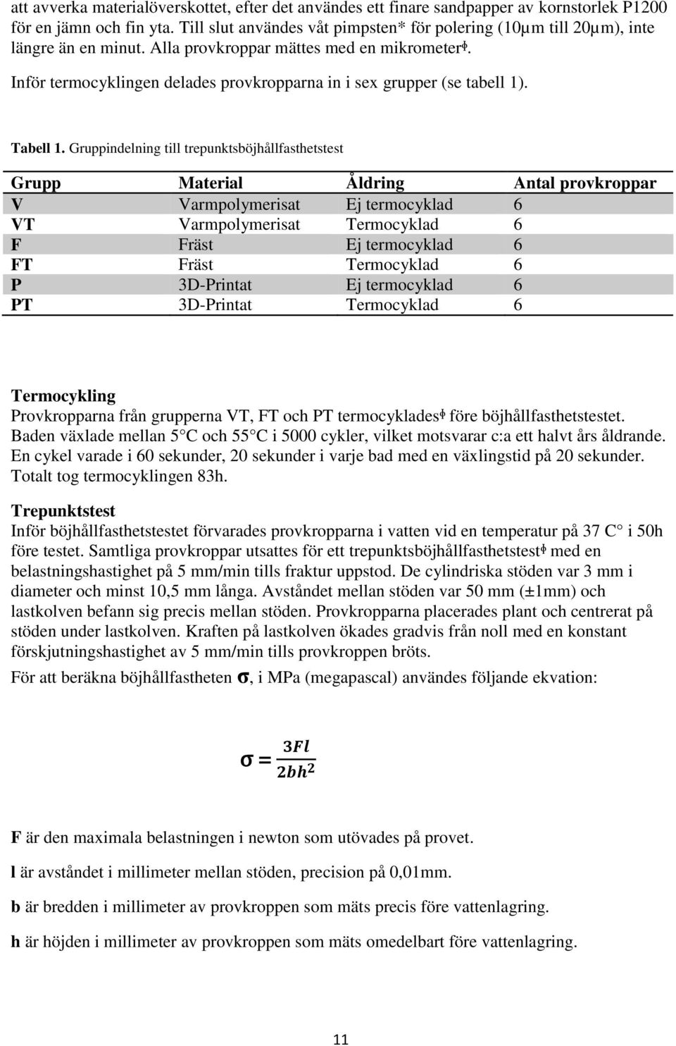 Inför termocyklingen delades provkropparna in i sex grupper (se tabell 1). Tabell 1.