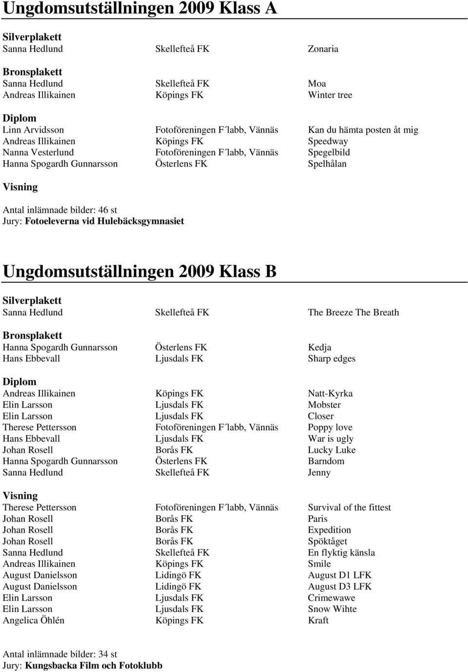 Jury: Fotoeleverna vid Hulebäcksgymnasiet Ungdomsutställningen 2009 Klass B Sanna Hedlund Skellefteå FK The Breeze The Breath Hanna Spogardh Gunnarsson Österlens FK Kedja Hans Ebbevall Ljusdals FK
