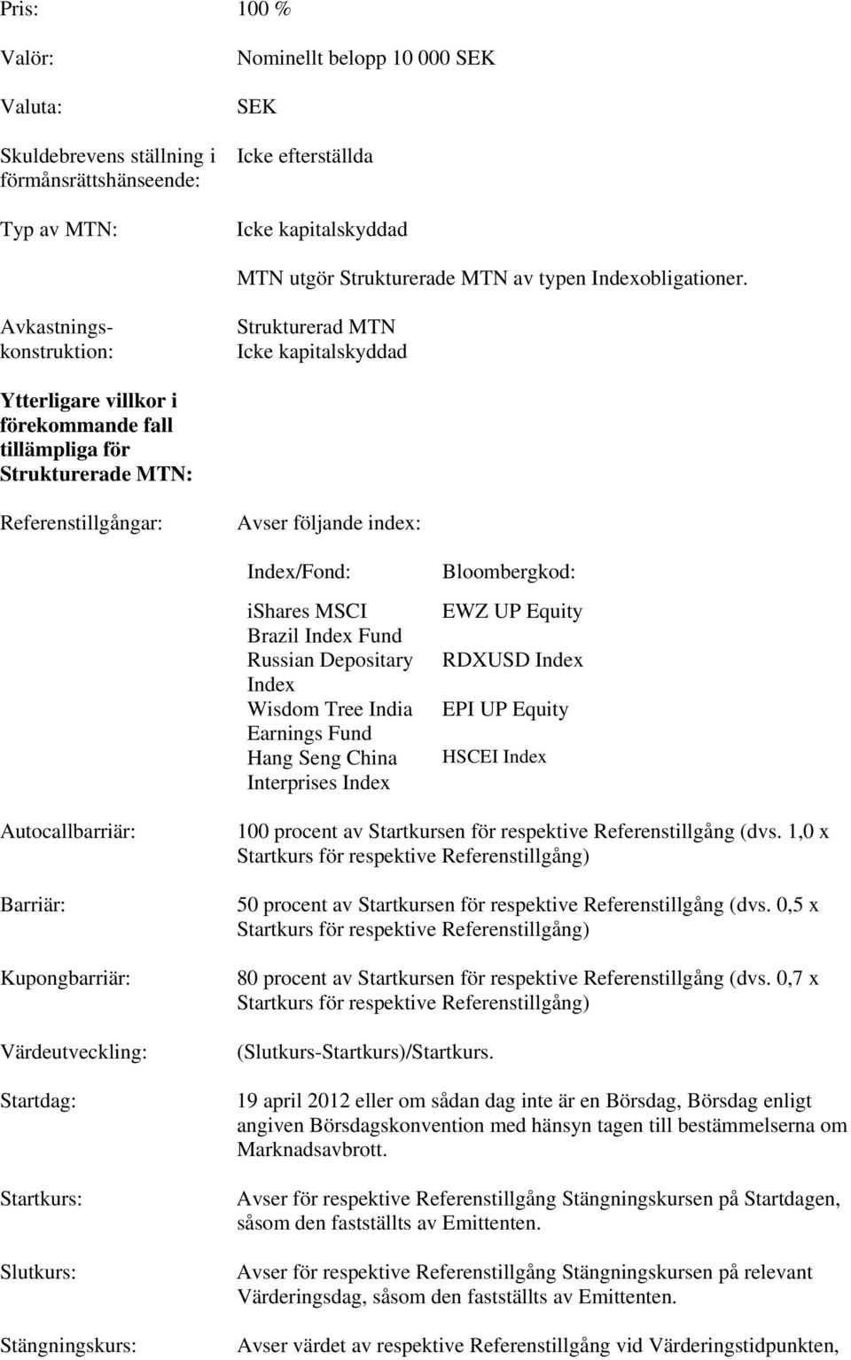 Avkastningskonstruktion: Strukturerad MTN Icke kapitalskyddad Ytterligare villkor i förekommande fall tillämpliga för Strukturerade MTN: Referenstillgångar: Avser följande index: Index/Fond: ishares