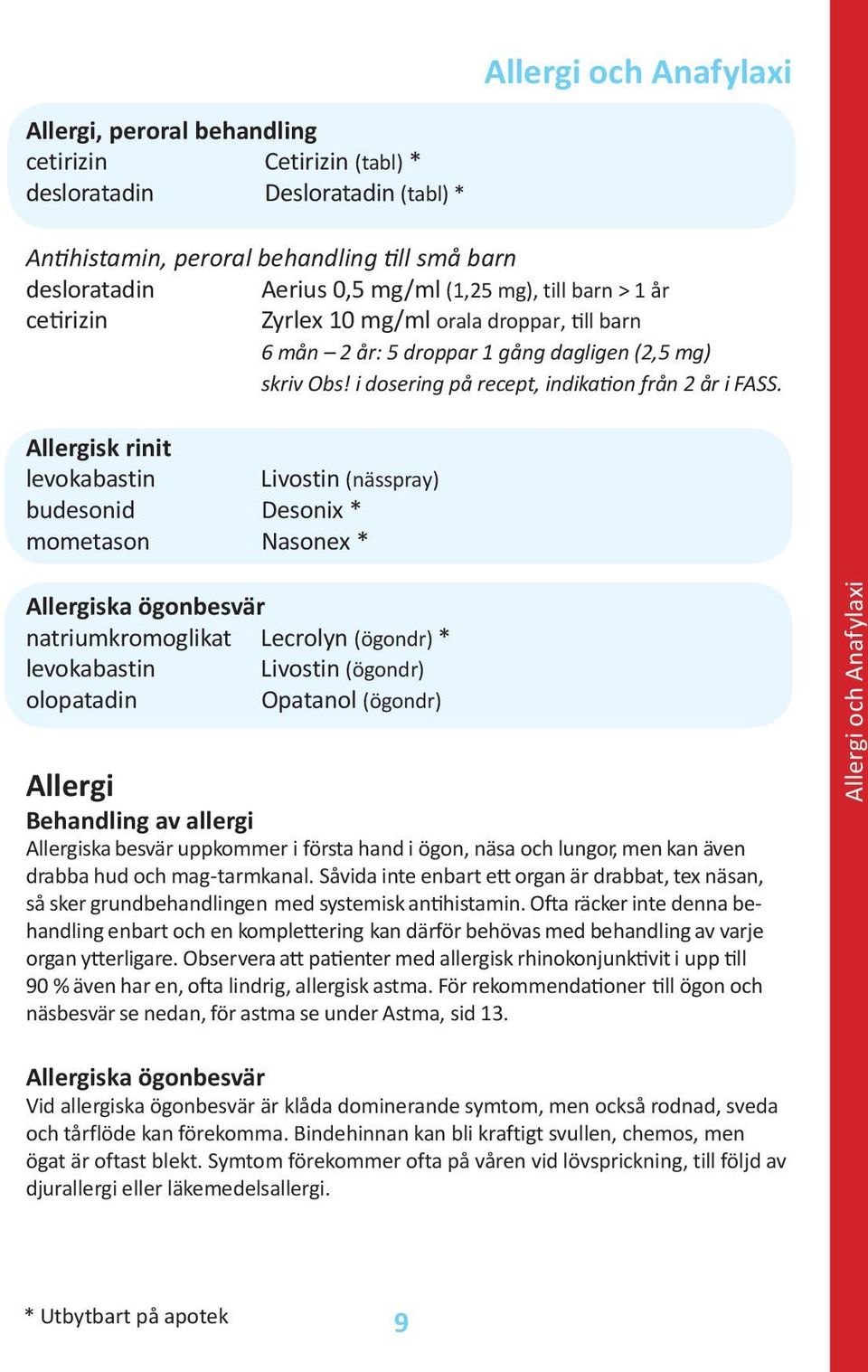 Allergisk rinit levokabastin Livostin (nässpray) budesonid Desonix * mometason Nasonex * Allergiska ögonbesvär natriumkromoglikat Lecrolyn (ögondr) * levokabastin Livostin (ögondr) olopatadin