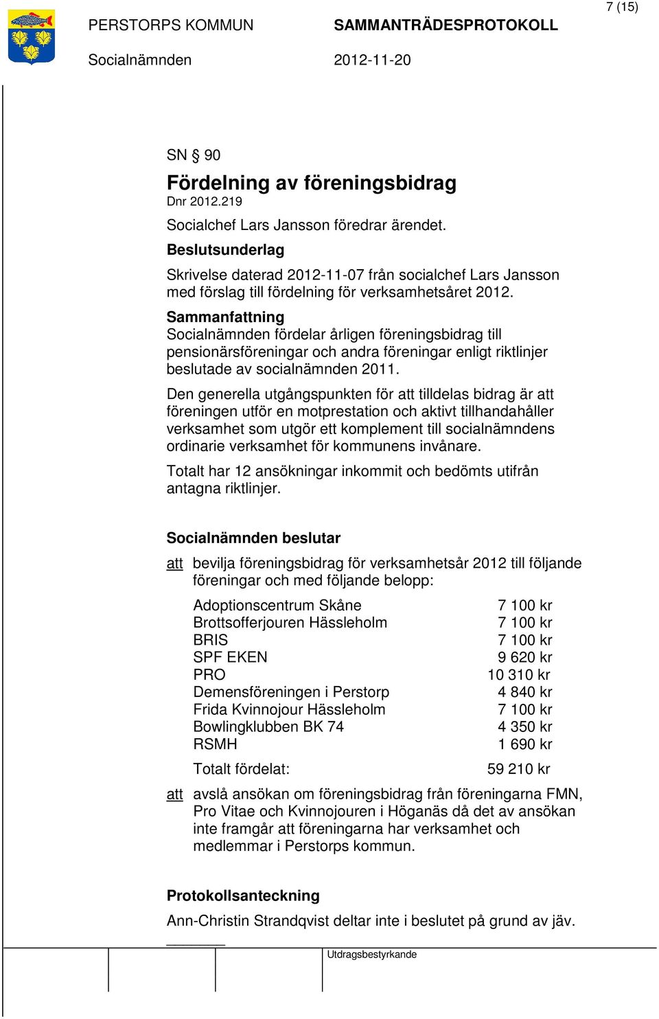 fördelar årligen föreningsbidrag till pensionärsföreningar och andra föreningar enligt riktlinjer beslutade av socialnämnden 2011.