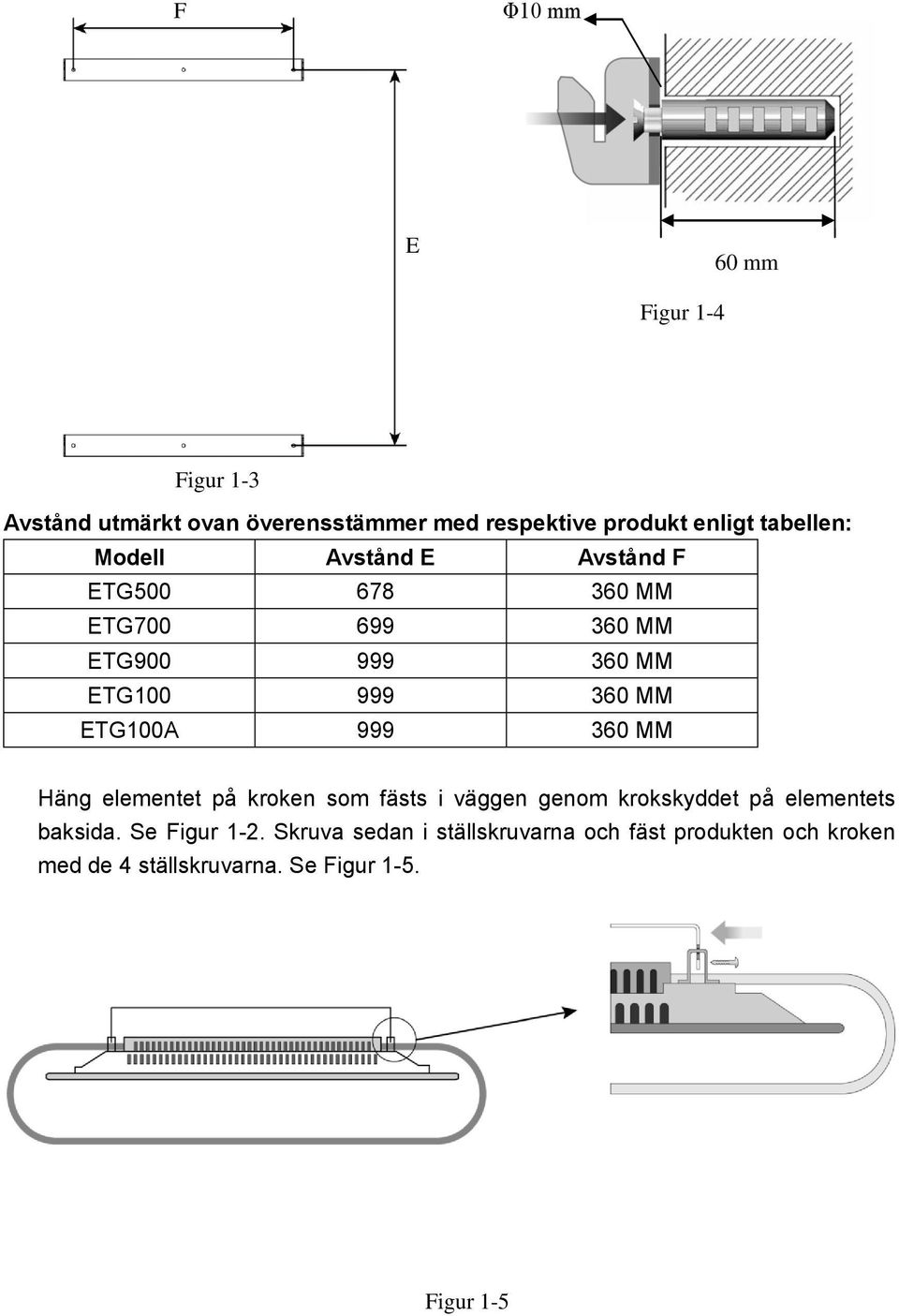 ETG100A 999 360 MM Häng elementet på kroken som fästs i väggen genom krokskyddet på elementets baksida.