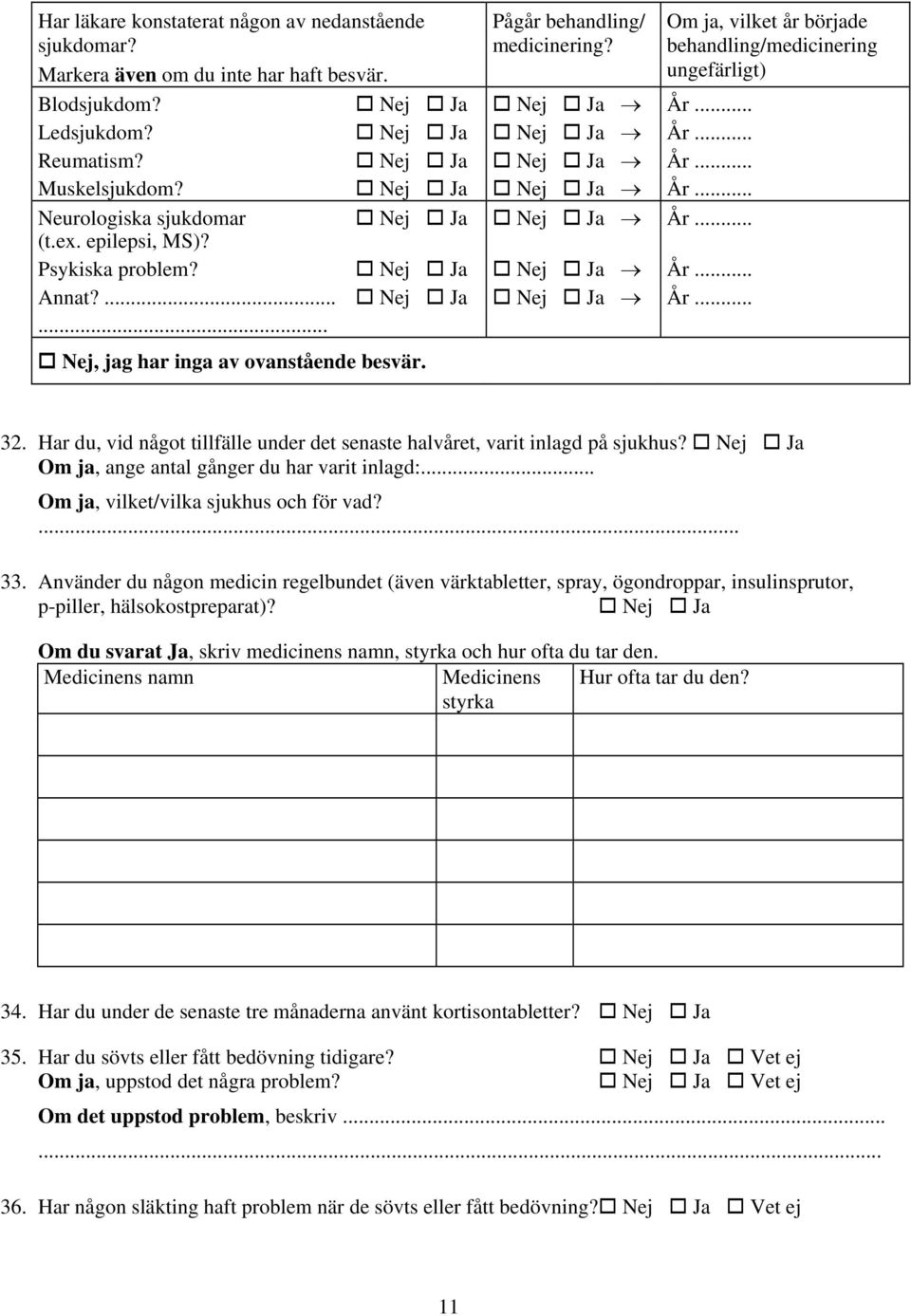 Om ja, vilket år började behandling/medicinering ungefärligt) 32. Har du, vid något tillfälle under det senaste halvåret, varit inlagd på sjukhus? Om ja, ange antal gånger du har varit inlagd:.