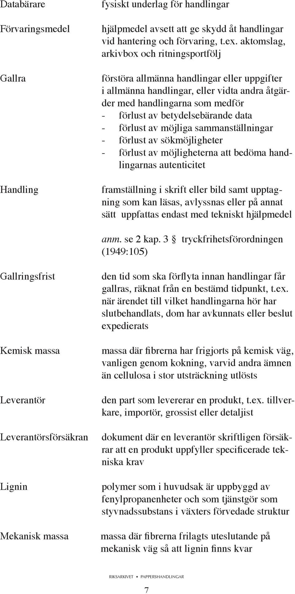 - förlust av möjliga sammanställningar - förlust av sökmöjligheter - förlust av möjligheterna att bedöma handlingarnas autenticitet framställning i skrift eller bild samt upptagning som kan läsas,