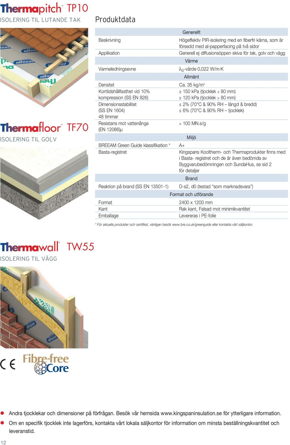 35 kg/m 3 Korttidshållfasthet vid 10% 150 kpa (tjocklek < 80 mm) kompression (SS EN 826) 120 kpa (tjocklek > 80 mm) Dimensionsstabilitet 2% (70 C & 90% RH längd & bredd) (SS EN 1604) 6% (70 C & 90%
