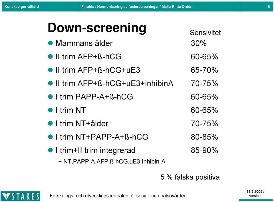 trim AFP+ß-hCG+uE3+inhibinA 70-75% I trim PAPP-A+ß-hCG 60-65% I trim NT 60-65% I trim NT+ålder 70-75%