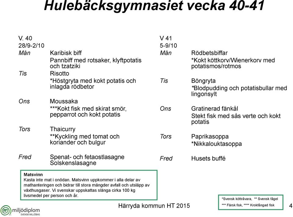 kokt potatis Thaicurry **Kyckling med tomat och koriander och bulgur V 41 5-9/10 Rödbetsbiffar *Kokt köttkorv/wienerkorv med potatismos/rotmos Böngryta *Blodpudding och potatisbullar med