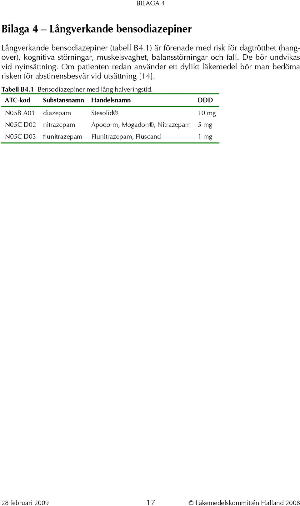 Om patienten redan använder ett dylikt läkemedel bör man bedöma risken för abstinensbesvär vid utsättning [14]. Tabell B4.