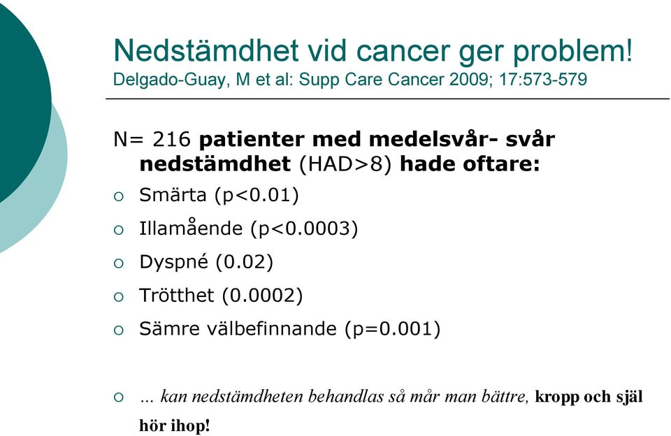 medelsvår- svår nedstämdhet (HAD>8) hade oftare: Smärta (p<0.01) Illamående (p<0.