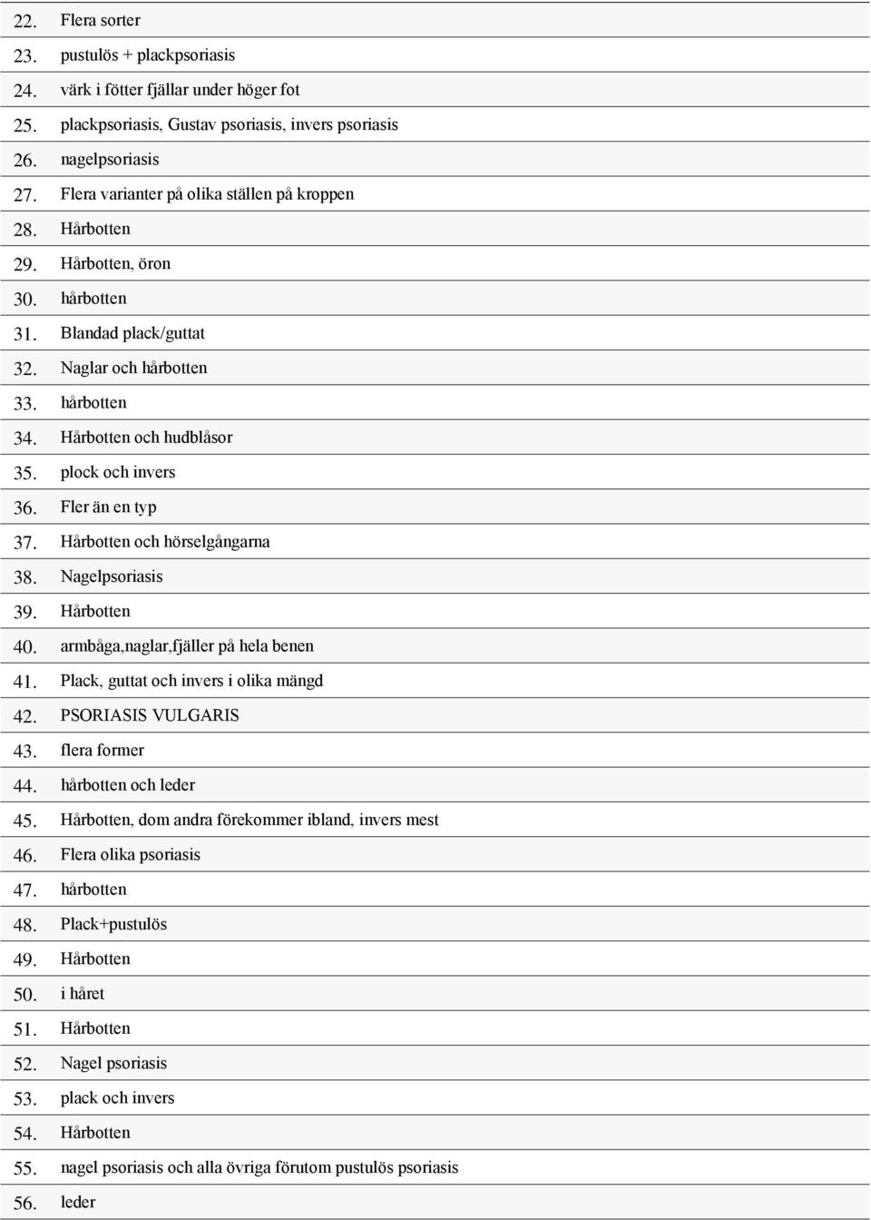 plock och invers 36. Fler än en typ 37. Hårbotten och hörselgångarna 38. Nagelpsoriasis 39. Hårbotten 40. armbåga,naglar,fjäller på hela benen 41. Plack, guttat och invers i olika mängd 42.