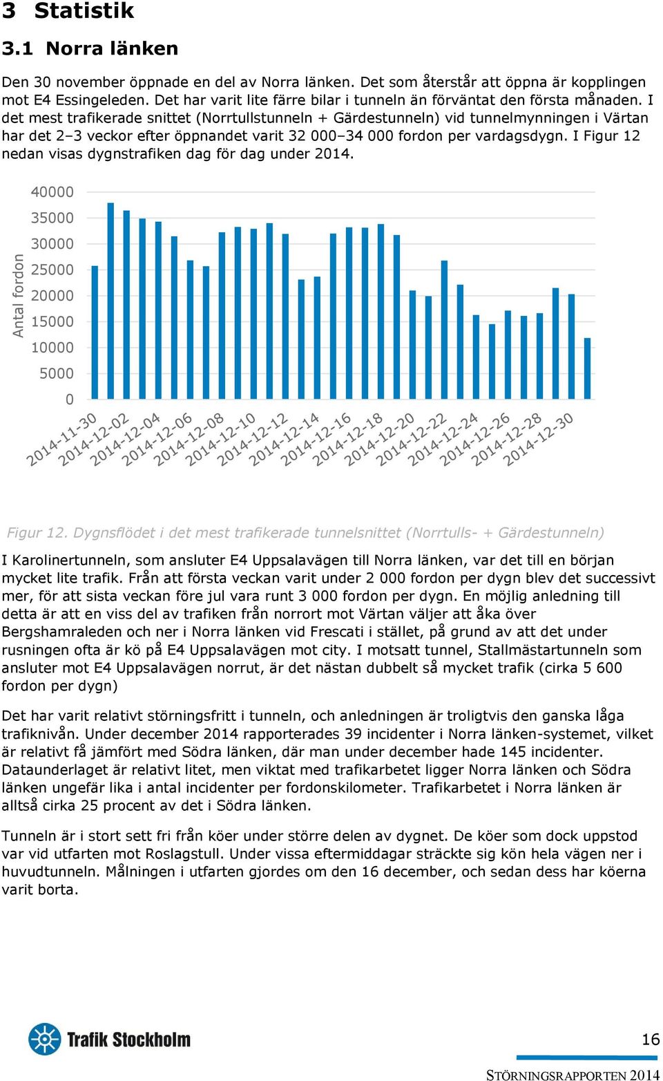 I det mest trafikerade snittet (Norrtullstunneln + Gärdestunneln) vid tunnelmynningen i Värtan har det 2 3 veckor efter öppnandet varit 32 000 34 000 fordon per vardagsdygn.