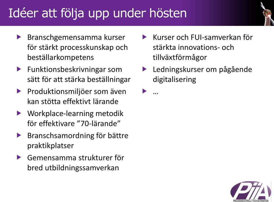 Workplace-learning metodik för effektivare 70-lärande Branschsamordning för bättre praktikplatser Gemensamma strukturer