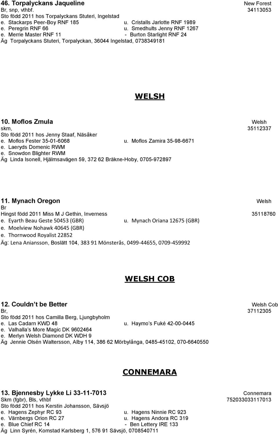 Moflos Zmula Welsh skm, 35112337 Sto född 2011 hos Jenny Staaf, Näsåker e. Moflos Fester 35-01-6068 u. Moflos Zamira 35-98-6671 e. Laeryds Domenic RWM e.