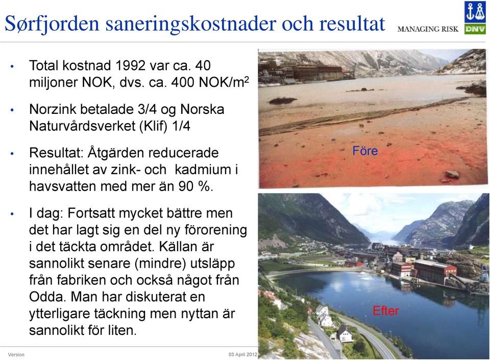 400 NOK/m 2 Norzink betalade 3/4 og Norska Naturvårdsverket (Klif) 1/4 Resultat: Åtgärden reducerade innehållet av zink- och kadmium