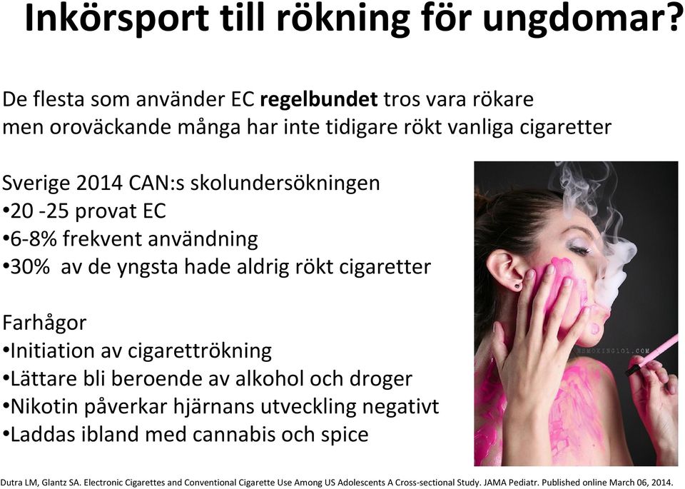 skolundersökningen 20-25 provat EC 6-8% frekvent användning 30% av de yngsta hade aldrig rökt cigaretter Farhågor Initiation av cigarettrökning Lättare