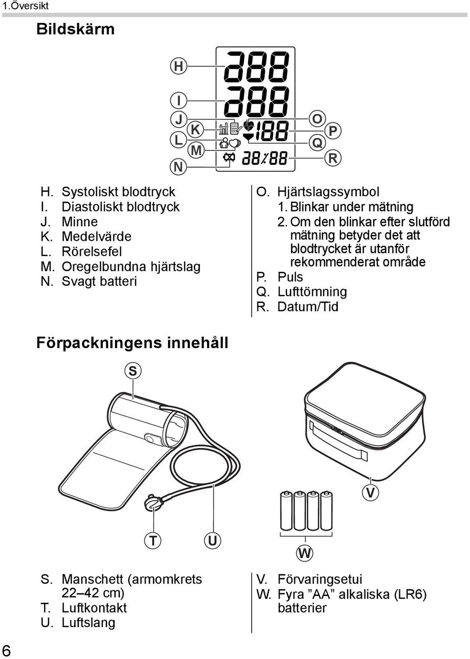 Om den blinkar efter slutförd mätning betyder det att blodtrycket är utanför rekommenderat område P. Puls Q. Lufttömning R.