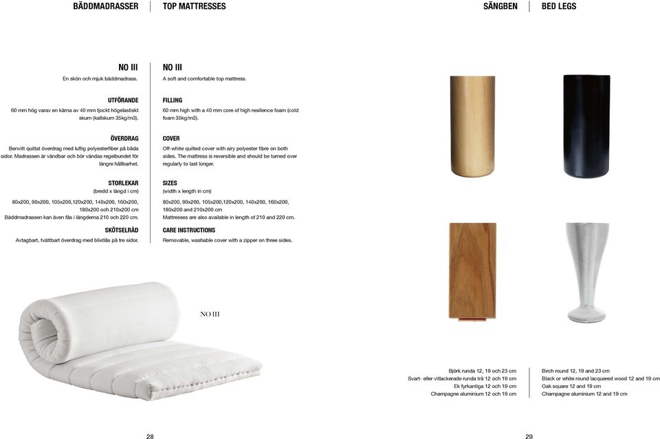 ÖVERDRAG COVER Benvitt quiltat överdrag med luftig polyesterfiber på båda sidor. Madrassen är vändbar och bör vändas regelbundet för längre hållbarhet.