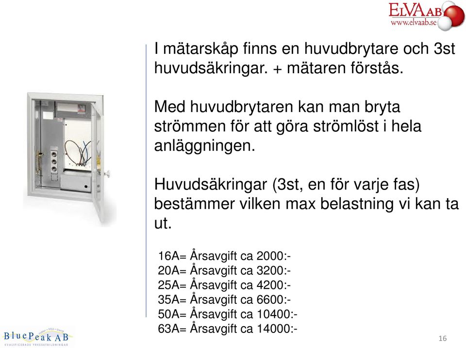 Huvudsäkringar (3st, en för varje fas) bestämmer vilken max belastning vi kan ta ut.