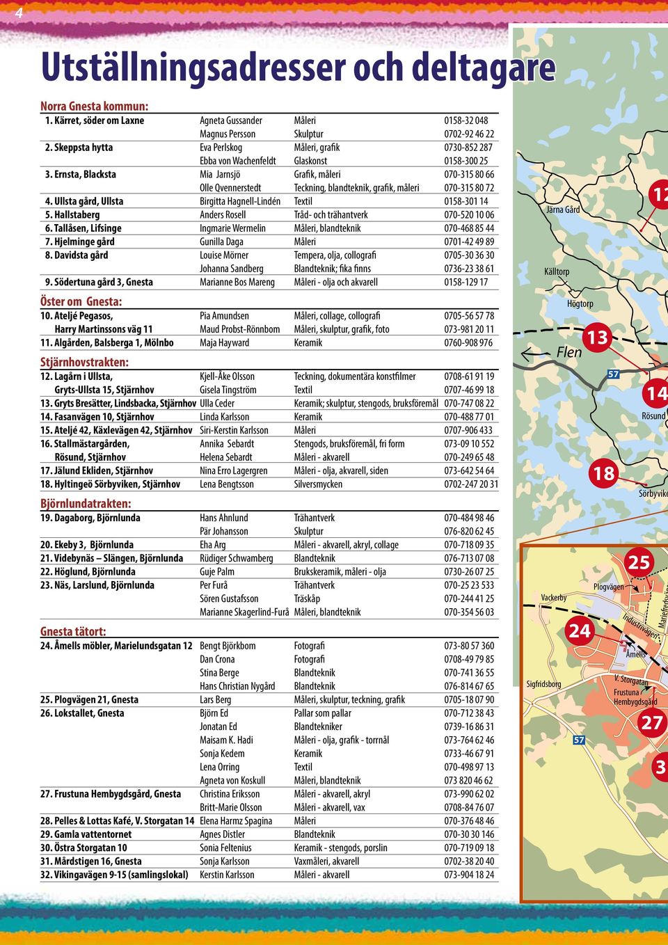 Ernsta, Blacksta Mia Jarnsjö Grafik, måleri 070-315 80 66 Olle Qvennerstedt Teckning, blandteknik, grafik, måleri 070-315 80 72 04. Ullsta gård, Ullsta Birgitta Hagnell-Lindén Textil 0158-301 14 05.