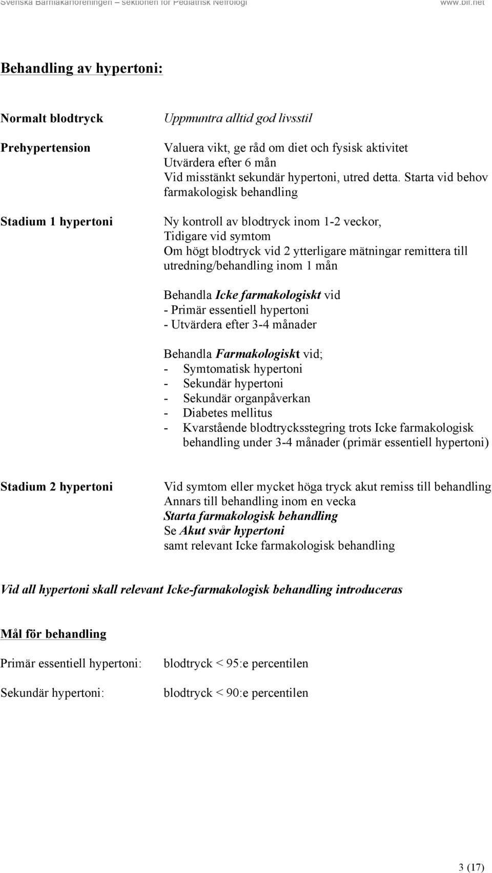 Starta vid behov farmakologisk behandling Ny kontroll av blodtryck inom 1-2 veckor, Tidigare vid symtom Om högt blodtryck vid 2 ytterligare mätningar remittera till utredning/behandling inom 1 mån