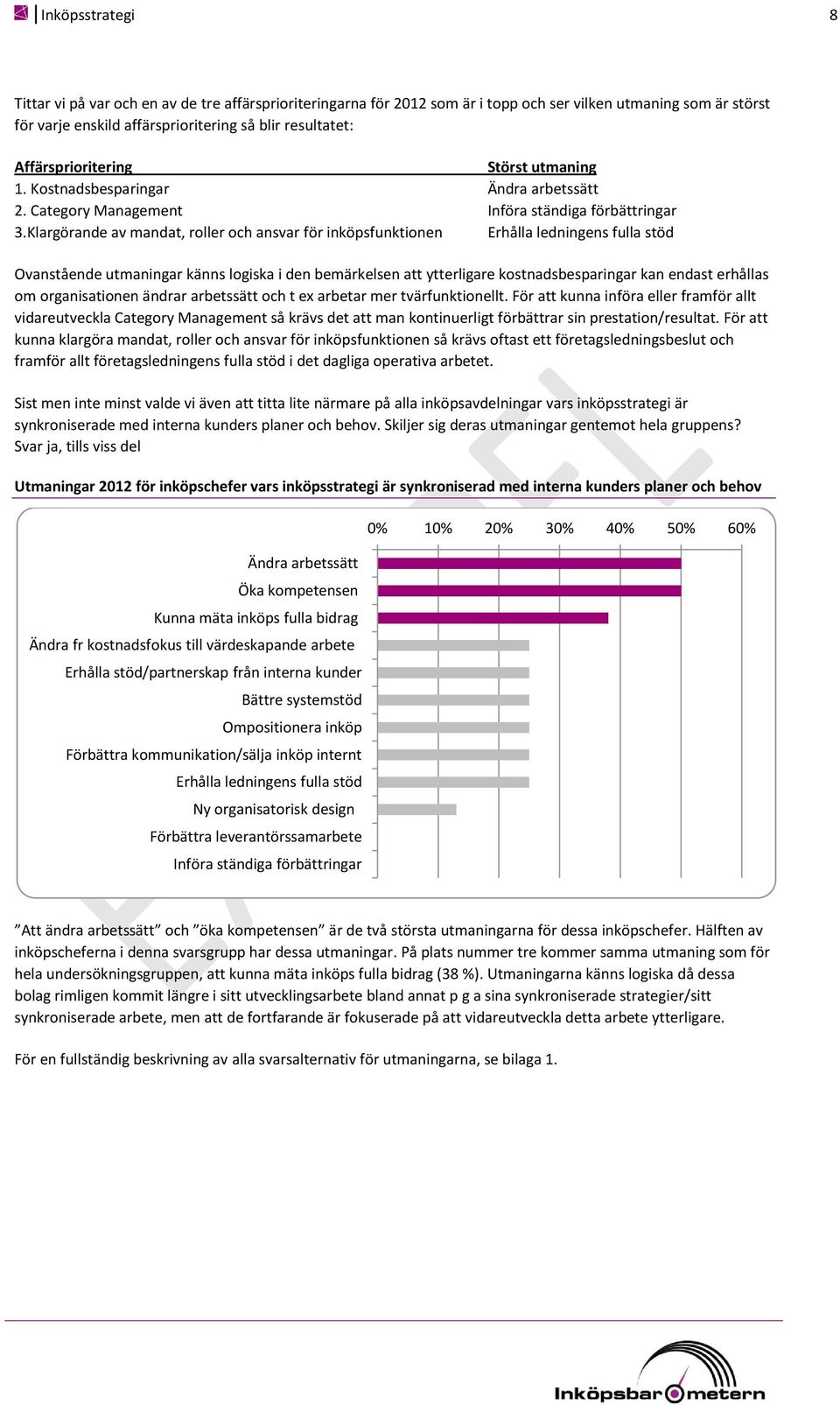 Klargörande av mandat, roller och ansvar för inköpsfunktionen Erhålla ledningens fulla stöd Ovanstående utmaningar känns logiska i den bemärkelsen att ytterligare kostnadsbesparingar kan endast