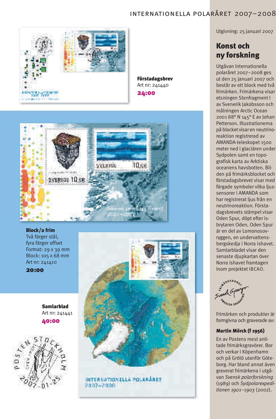 Frimärkena visar etsningen Stenfragment I av Svenerik Jakobsson och målningen Arctic Ocean 2001 88 N 145 E av Johan Petterson.