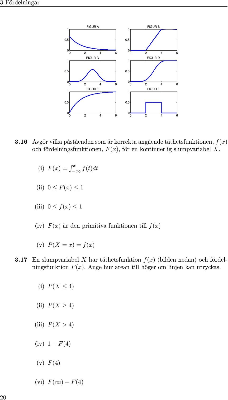 (i) F (x) = x f(t)dt (ii) F (x) (iii) f(x) (iv) F (x) är den primitiva funktionen till f(x) (v) P (X = x) = f(x) 3.