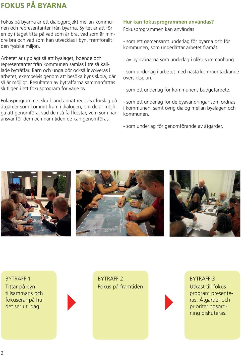 Arbetet är upplagt så att byalaget, boende och representanter från kommunen samlas i tre så kalllade byträffar.
