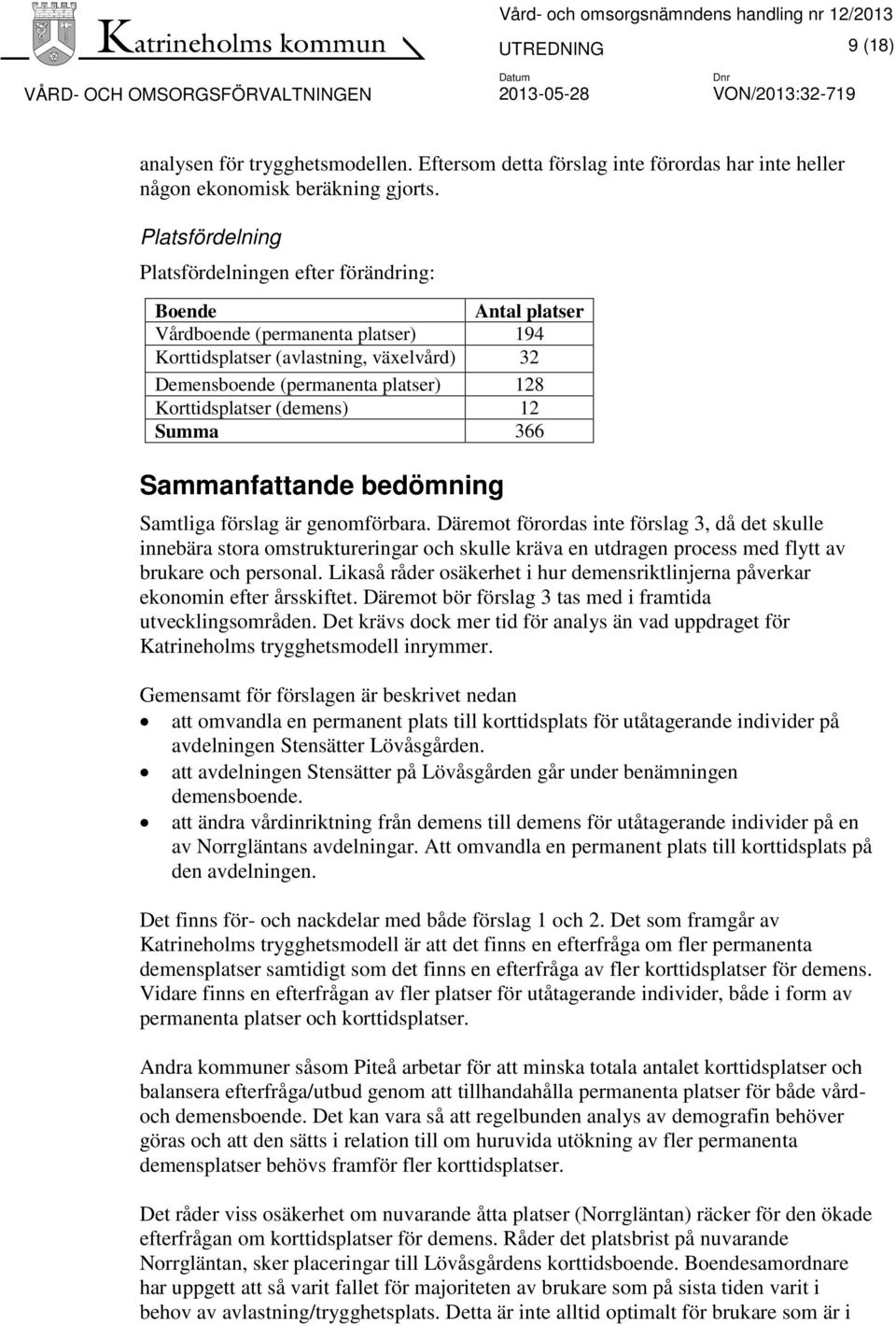 Korttidsplatser (demens) 12 Summa 366 Sammanfattande bedömning Samtliga förslag är genomförbara.