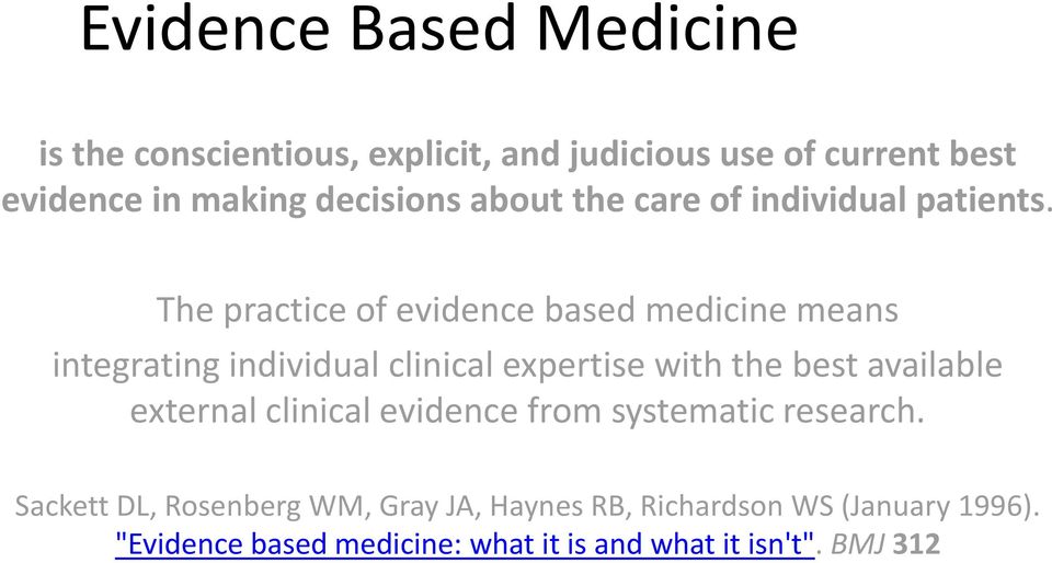 The practice of evidence based medicine means integrating individual clinical expertise with the best available