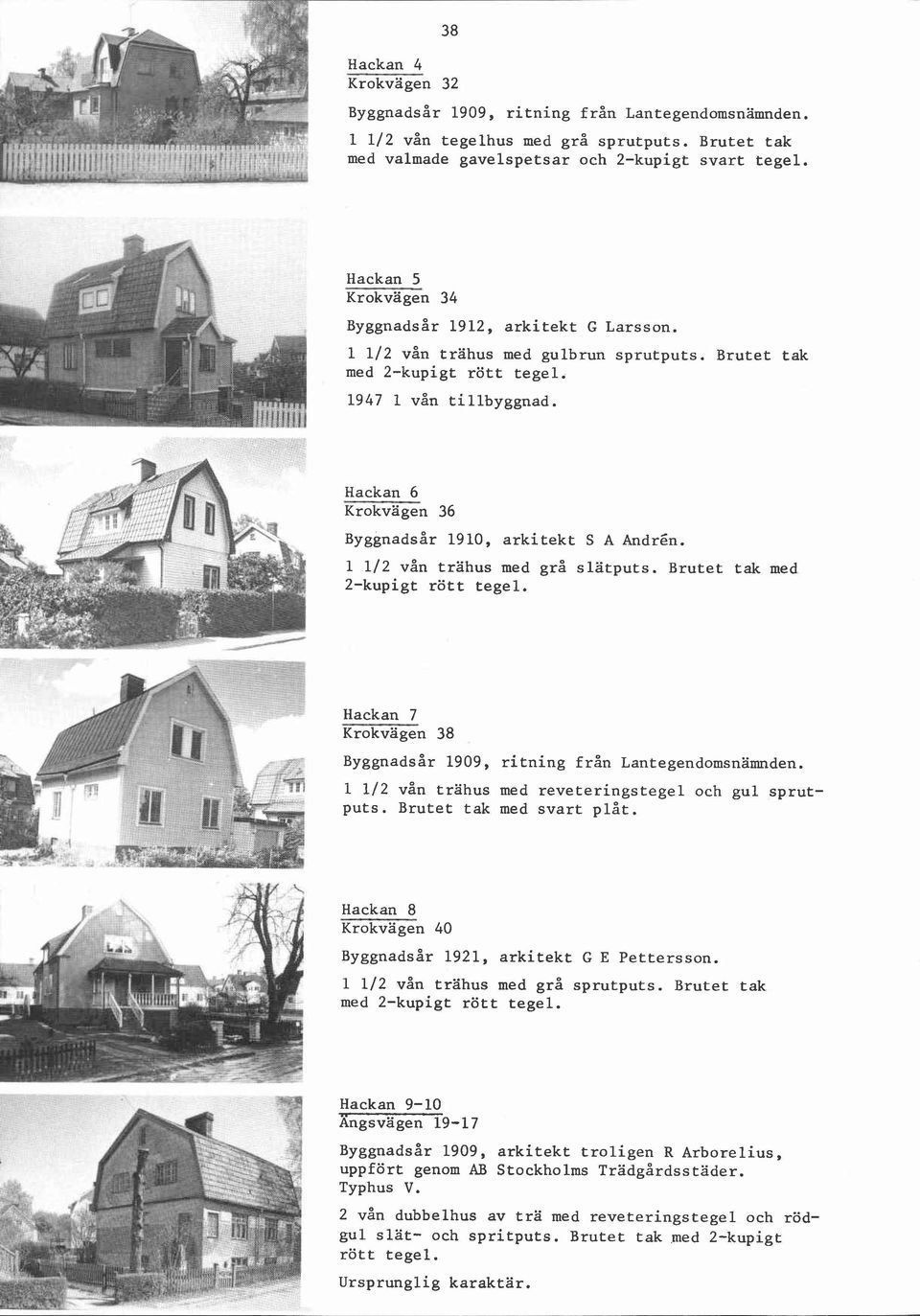 Brutet tak Hackan 6 Krokvägen 36 Byggnadsår 1910, arkitekt S A Andrén. 1 112 vån trahus med grå slätputs. Brutet 2-kupigt rött tegel.