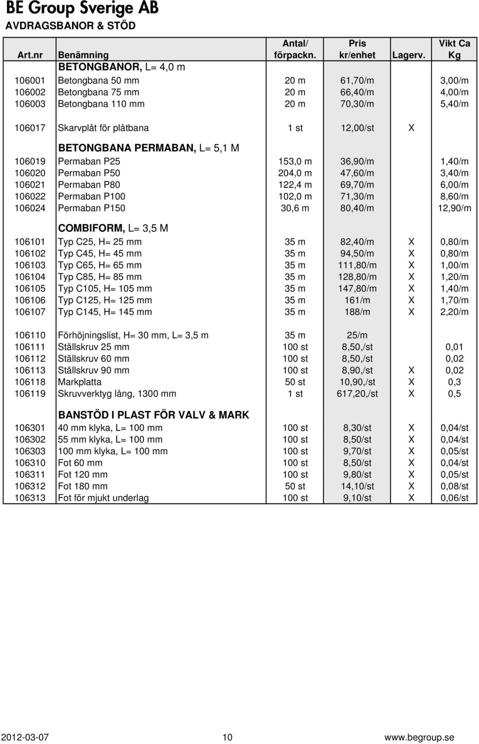 P100 102,0 m 71,30/m 8,60/m 106024 Permaban P150 30,6 m 80,40/m 12,90/m COMBIFORM, L= 3,5 M 106101 Typ C25, H= 25 mm 35 m 82,40/m X 0,80/m 106102 Typ C45, H= 45 mm 35 m 94,50/m X 0,80/m 106103 Typ