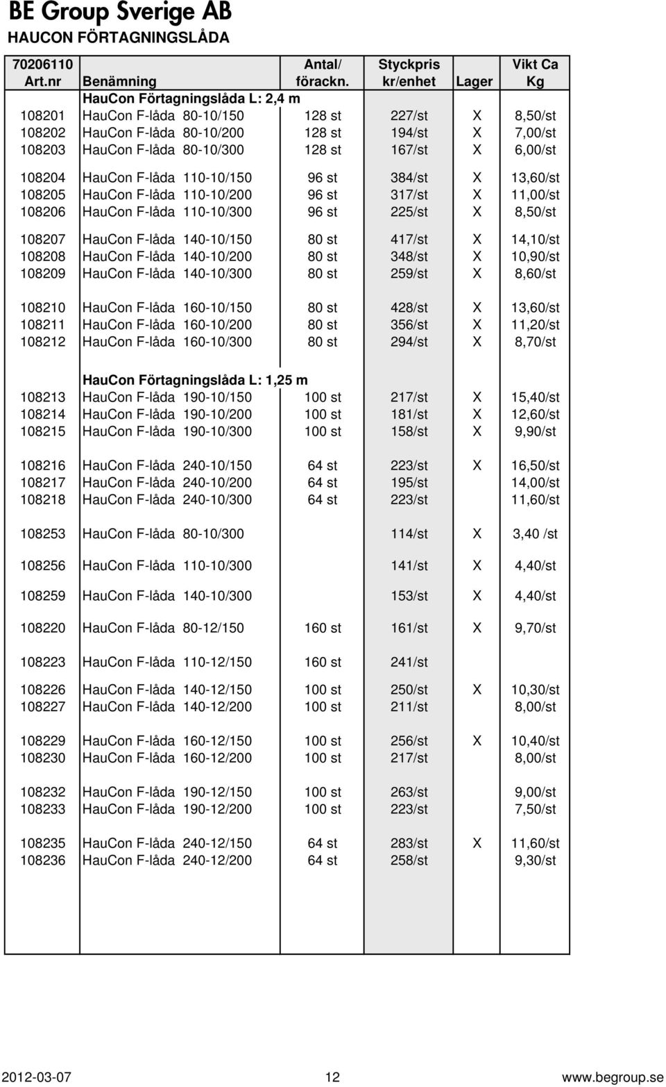 167/st X 6,00/st 108204 HauCon F-låda 110-10/150 96 st 384/st X 13,60/st 108205 HauCon F-låda 110-10/200 96 st 317/st X 11,00/st 108206 HauCon F-låda 110-10/300 96 st 225/st X 8,50/st 108207 HauCon