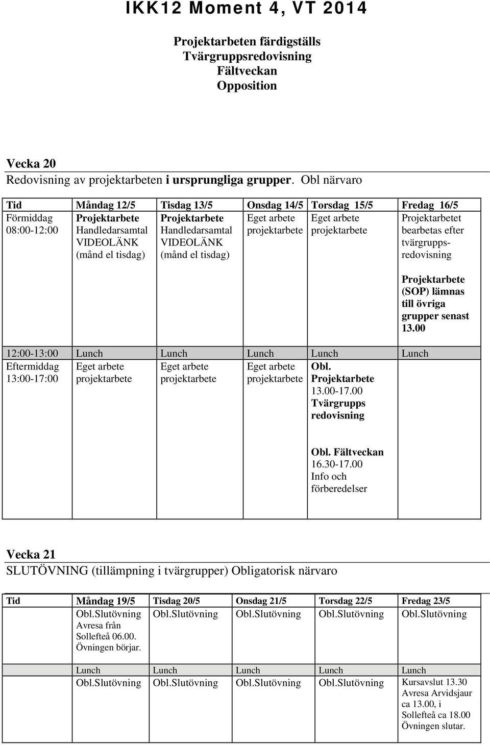 tisdag) Obl. Projektarbete 13.00-17.00 Tvärgrupps redovisning Projektarbetet bearbetas efter tvärgruppsredovisning Projektarbete (SOP) lämnas till övriga grupper senast 13.00 Obl. Fältveckan 16.30-17.