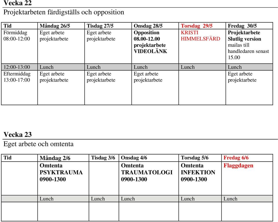 00 Vecka 23 och omtenta Tid Måndag 2/6 Tisdag 3/6 Onsdag 4/6 Torsdag 5/6 Fredag 6/6 Omtenta PSYKTRAUMA 0900-1300