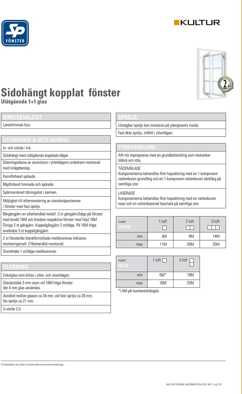 Möjlighet till eftermontering av standardpersienner i fönster med fast spröjs. Bärgångjärn av ytbehandlad metall.